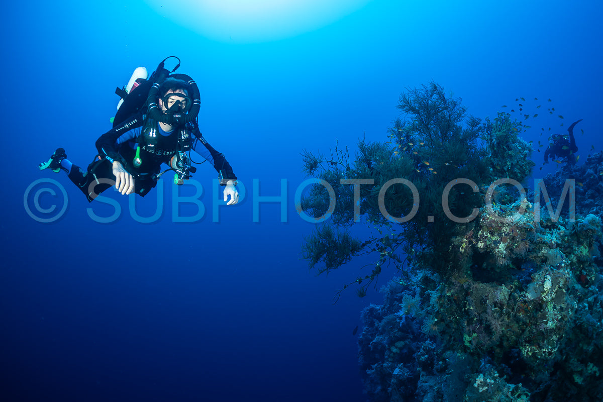 A diver wearing a rebreather swims horizontally through the clear blue water of the Red Sea. The diver is positioned on the left side of the image and appears to be exploring a coral reef.