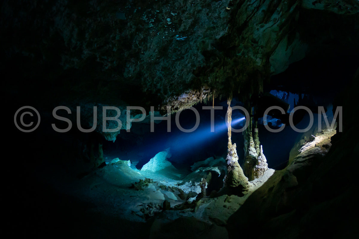 Photo de instructeur de plongée spéléo dirigeant un groupe de plongeurs dans un cenote mexicain sous l'eau