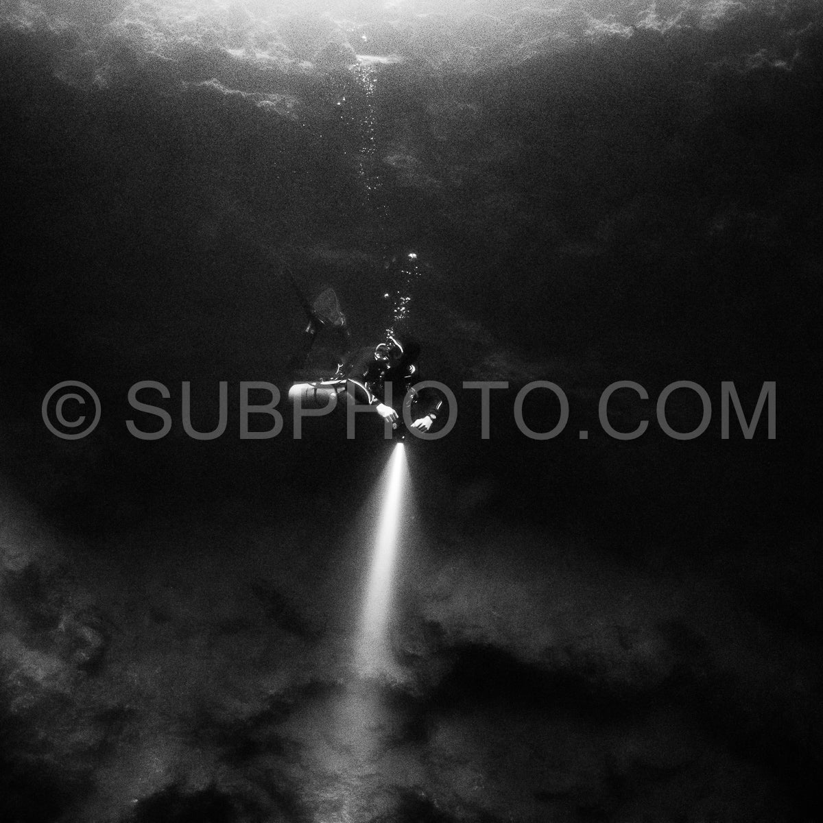 Photo de instructeur de plongée spéléo dirigeant un groupe de plongeurs dans un cenote mexicain sous l'eau