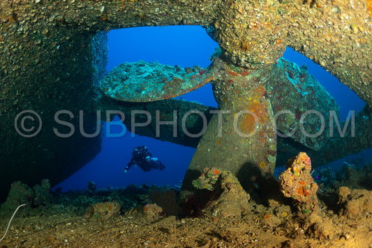 A diver swims past a large- rusted propeller on a sunken ship in the Red Sea. The propeller is covered in marine life and the water is clear blue. The diver is using a closed-circuit rebreather.