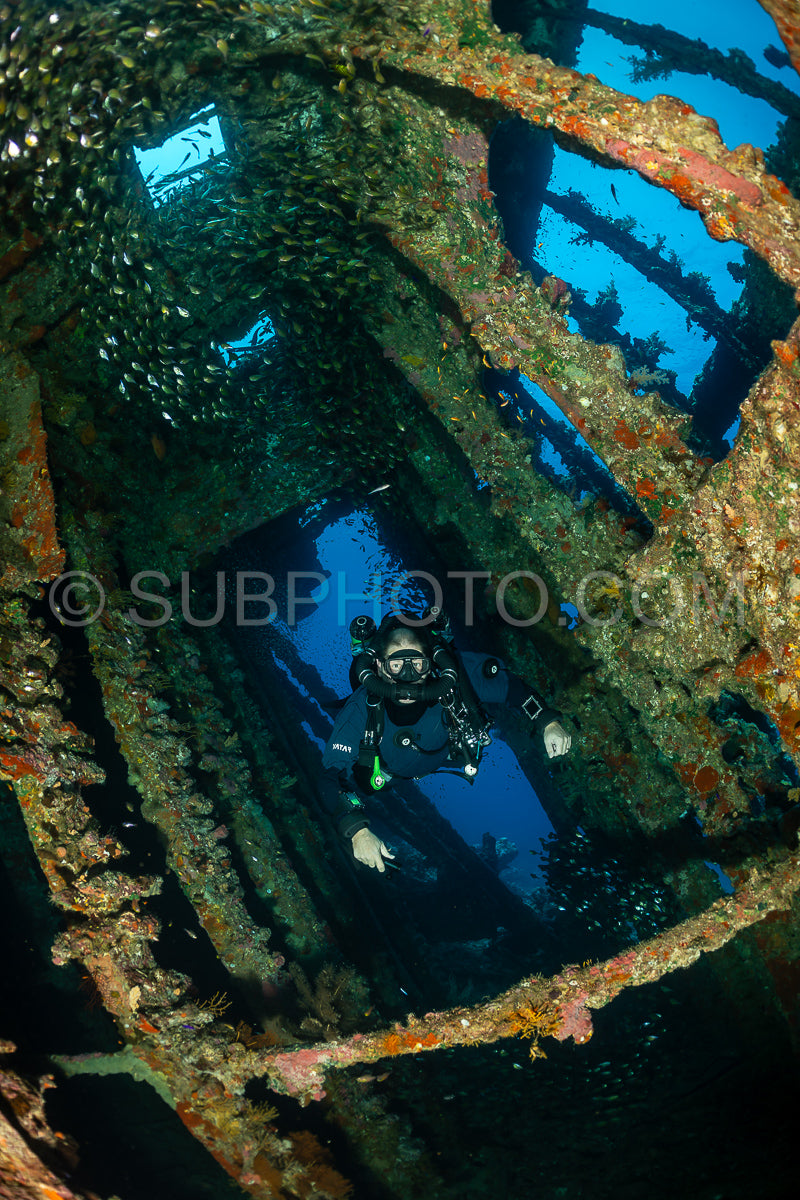 A scuba diver is inside a sunken shipwreck- exploring the rusted metal framework. Schools of fish swim through the open sections of the wreck. The ocean floor is visible outside of the wreck.