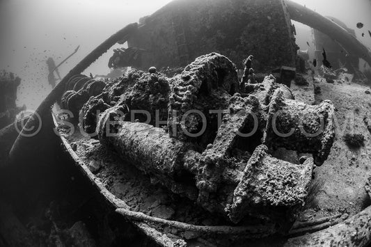 A diver is exploring a shipwreck in the Red Sea- focusing on the rusted machinery covered in marine life.