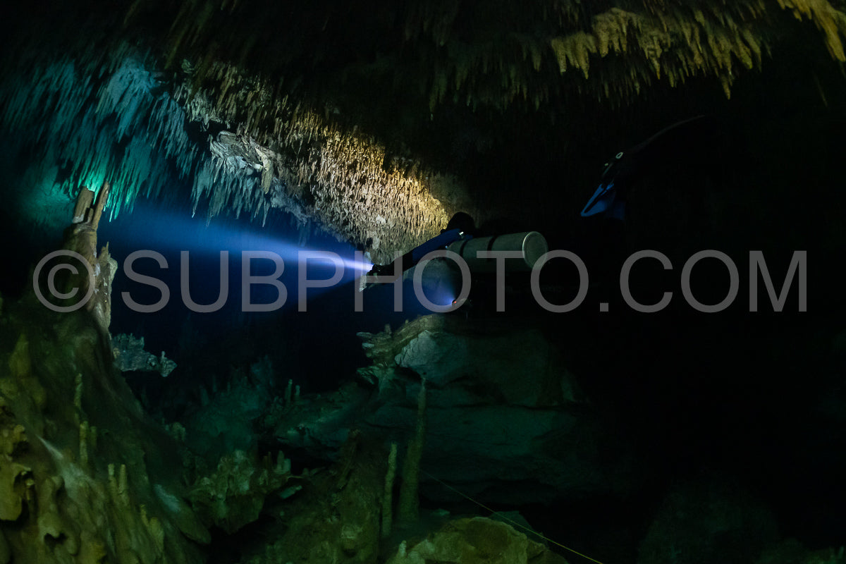 Photo de instructeur de plongée spéléo dirigeant un groupe de plongeurs dans un cenote mexicain sous l'eau