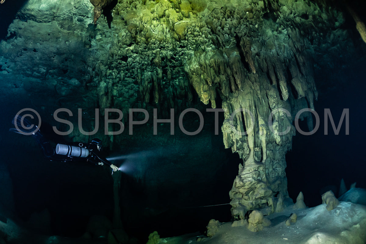 Photo de instructeur de plongée spéléo dirigeant un groupe de plongeurs dans un cenote mexicain sous l'eau