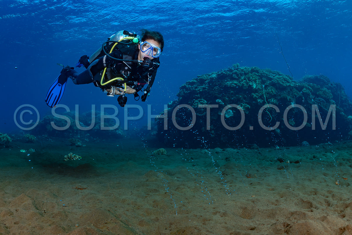 Photo de femme plongeuse regardant une bulle de gaz provenant du volcan Pulau Sangeang