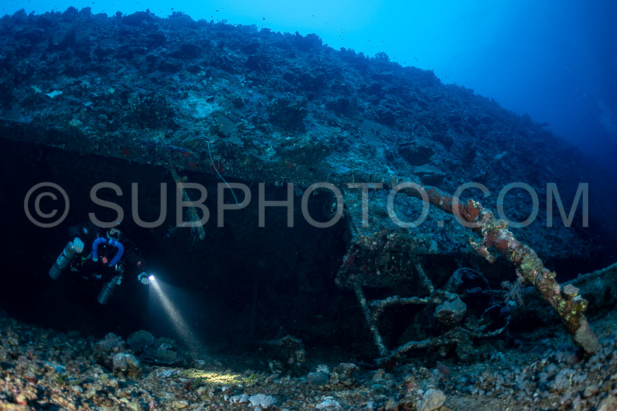 Tek diver with a rebreather visiting Levanzo wreck close to Sudan